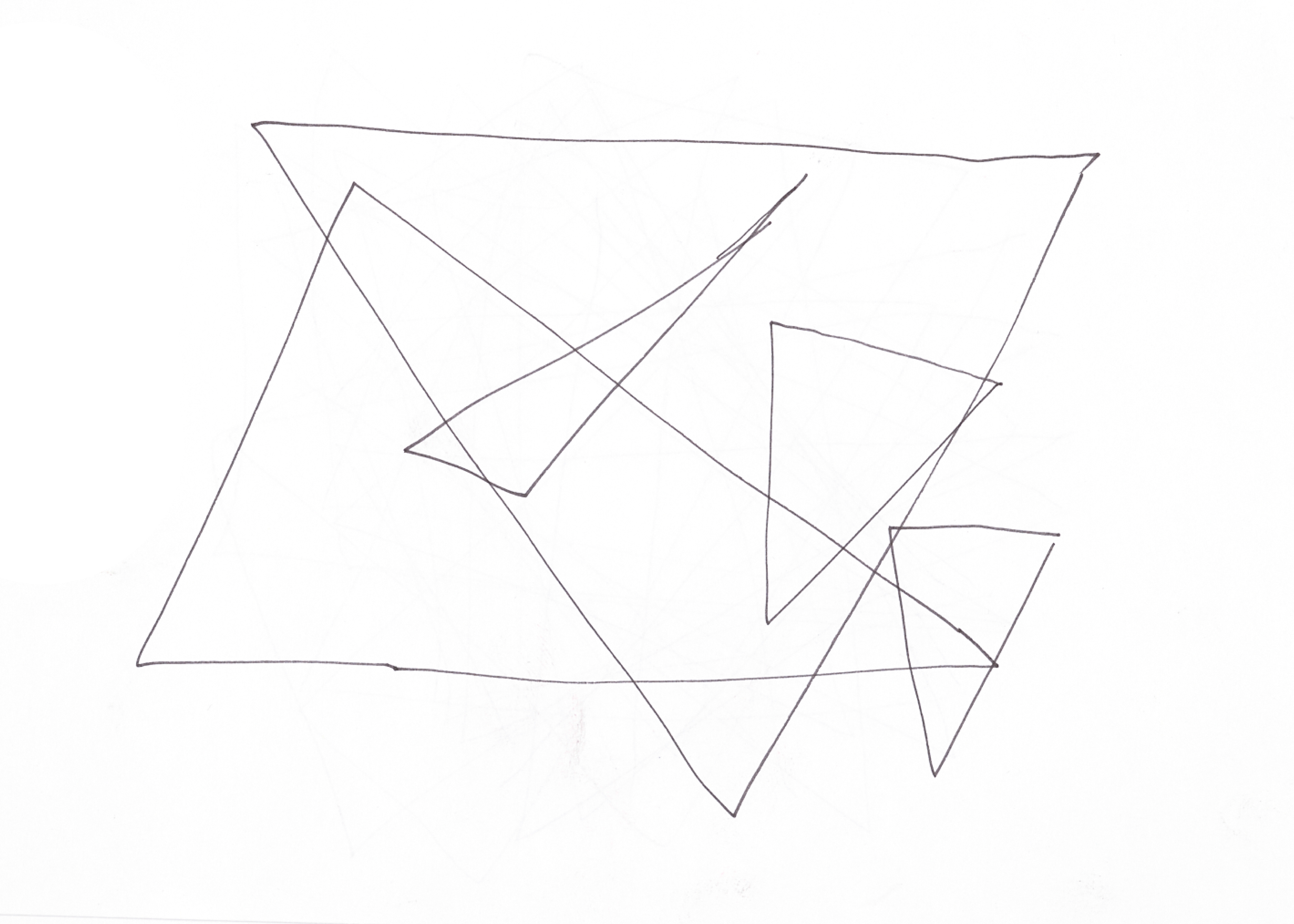 Mehrere übereinanderliegende Dreiecke in zufälligen Winkeln. Nutze einen schwarzen Fineliner und ein Papier im A5 Format.
