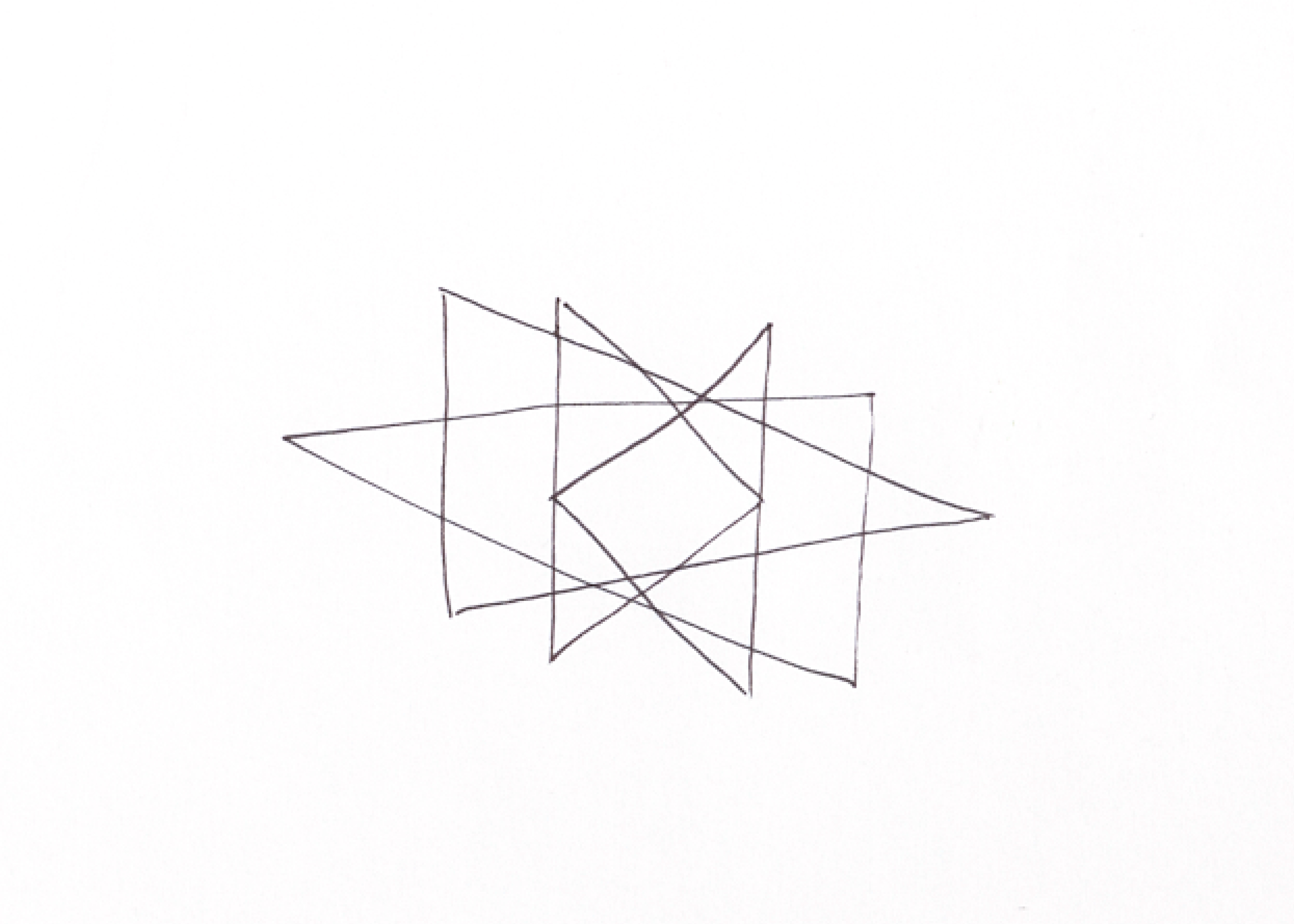 Mehrere übereinanderliegende Dreiecke in zufälligen Winkeln, welche immer den selben Mittelpunkt haben. Nutze einen schwarzen Fineliner und ein Papier im A5 Format.