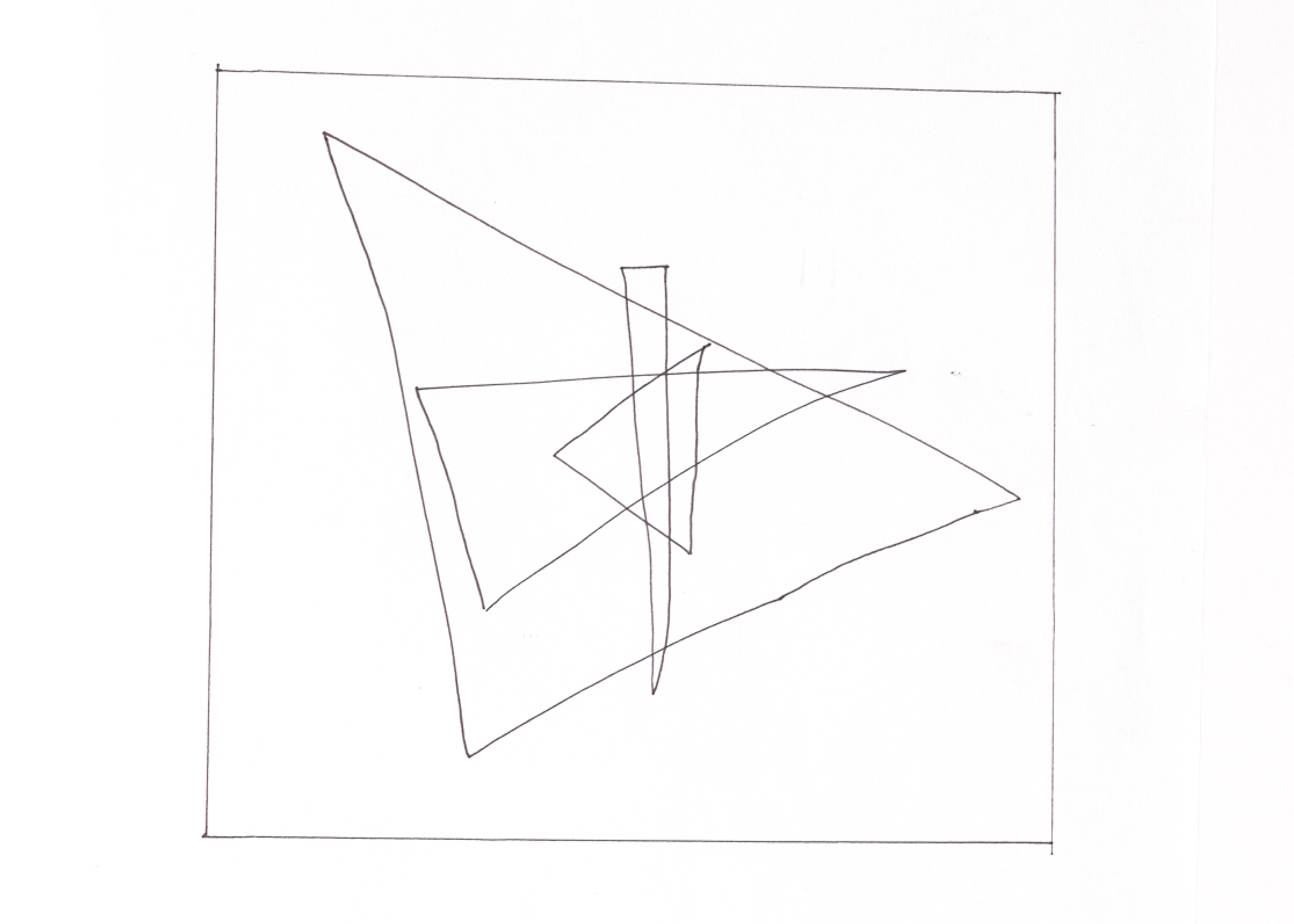 Mehrere übereinanderliegende Dreiecke in zufälligen Winkeln, welche immer den selben Mittelpunkt haben. Nutze einen schwarzen Fineliner, ein Geodreieck zum umranden und ein Papier im A4 Format. 